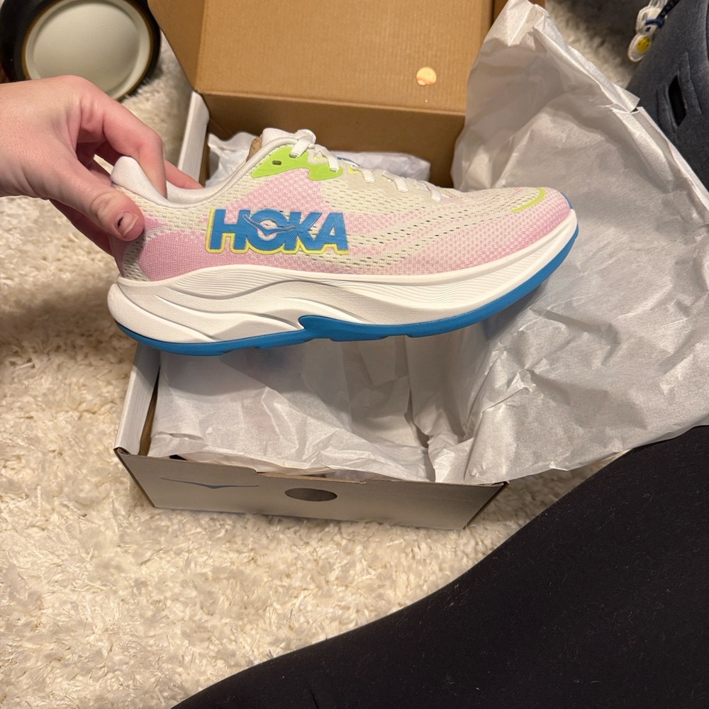 Hoka One One Cream and Blue Running Shoes
